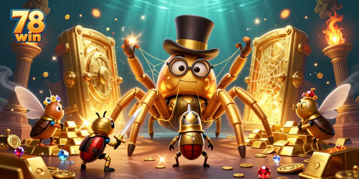 Engage with the vibrant 78 win scene filled with a golden tarantula and gems.
