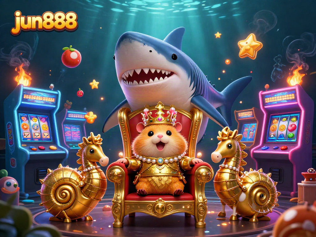 Experience the thrill of jun888 with a vibrant casino scene featuring a golden hamster king and engaging game elements.