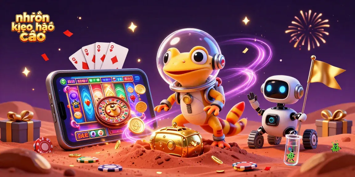 Engage in nhận định kèo nhà cái with a colorful, dynamic casino scene featuring a Martian gecko and casino elements.