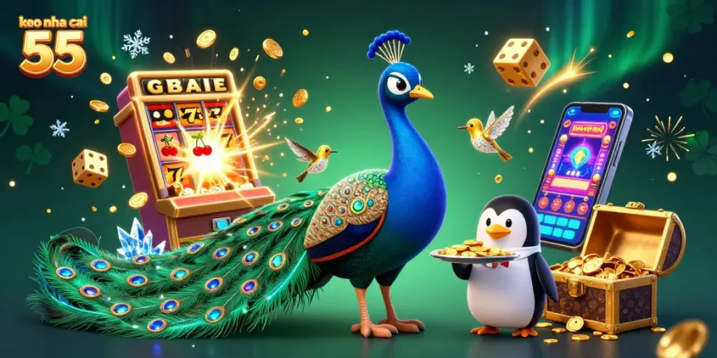 Engage with keo nha cai 55 in this lively casino-themed illustration filled with vibrant elements.