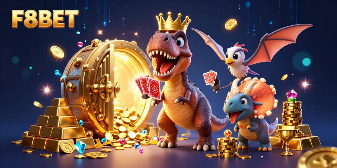 Engage with F8BET's thrilling casino experience featuring characters in a vibrant gold setting.