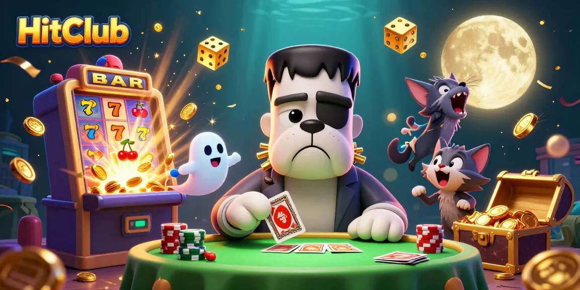 Experience thrilling action at HitClub with a festive 3D casino scene displaying games and fortune.