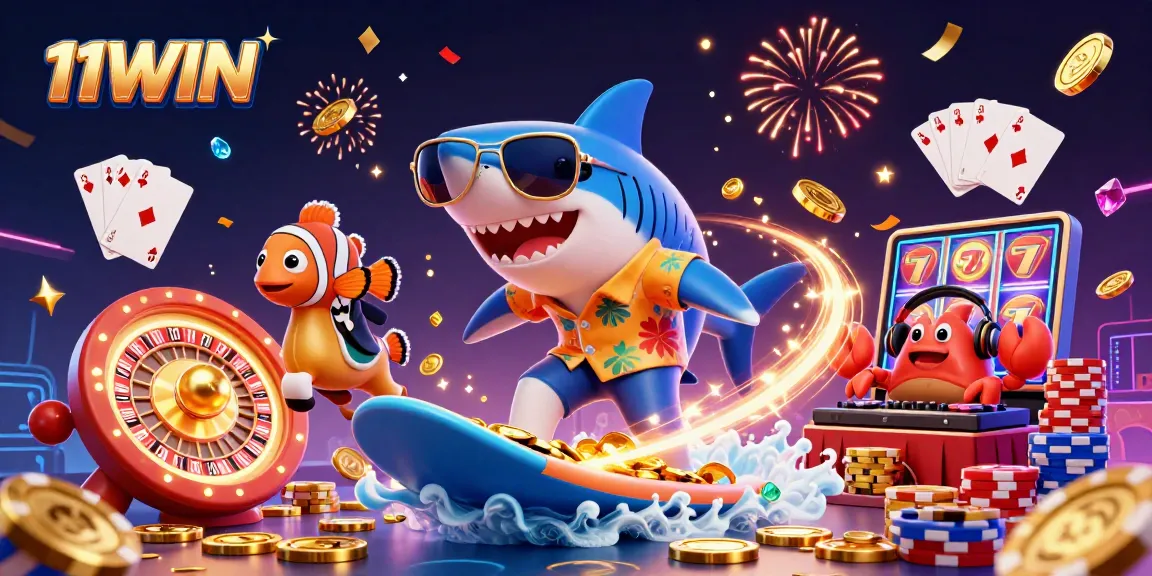 Surf massive winning waves at 11WIN with this vibrant casino-themed illustration.