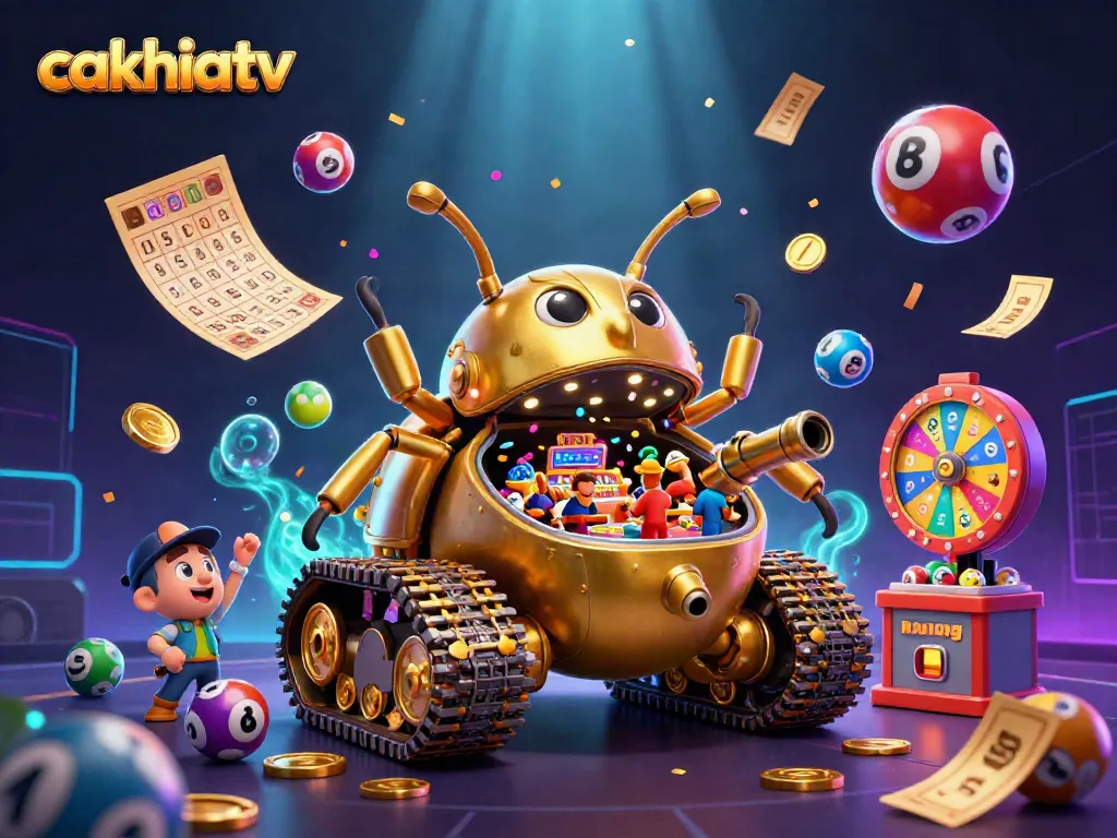 Cakhiatv features a vibrant casino scene inside a golden beetle tank, overflowing with excitement.