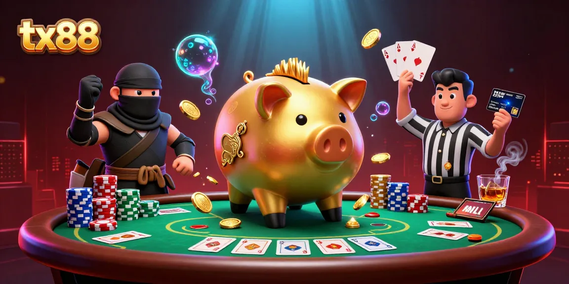 tx88 showcases a golden piggy bank sumo wrestler shaking coins in a vibrant casino scene.