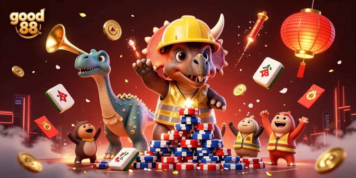 Engage with good 88 players in a vibrant casino scene featuring a triumphant dinosaur character amid gold and fireworks.
