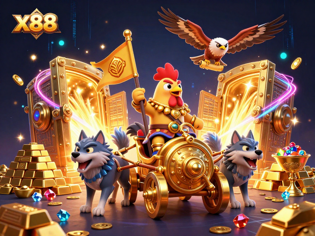 Engage in fun with x88 through thrilling casino games led by a cartoon rooster warlord.