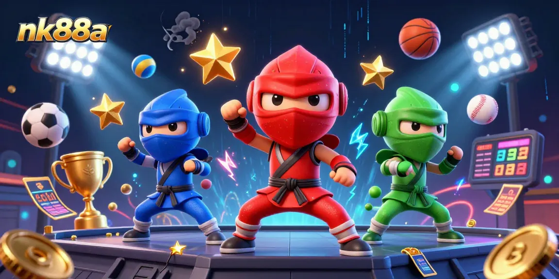 Engage in thrilling gameplay with nk88a's 3D cartoon ninja chameleon team amid dynamic sports betting elements.