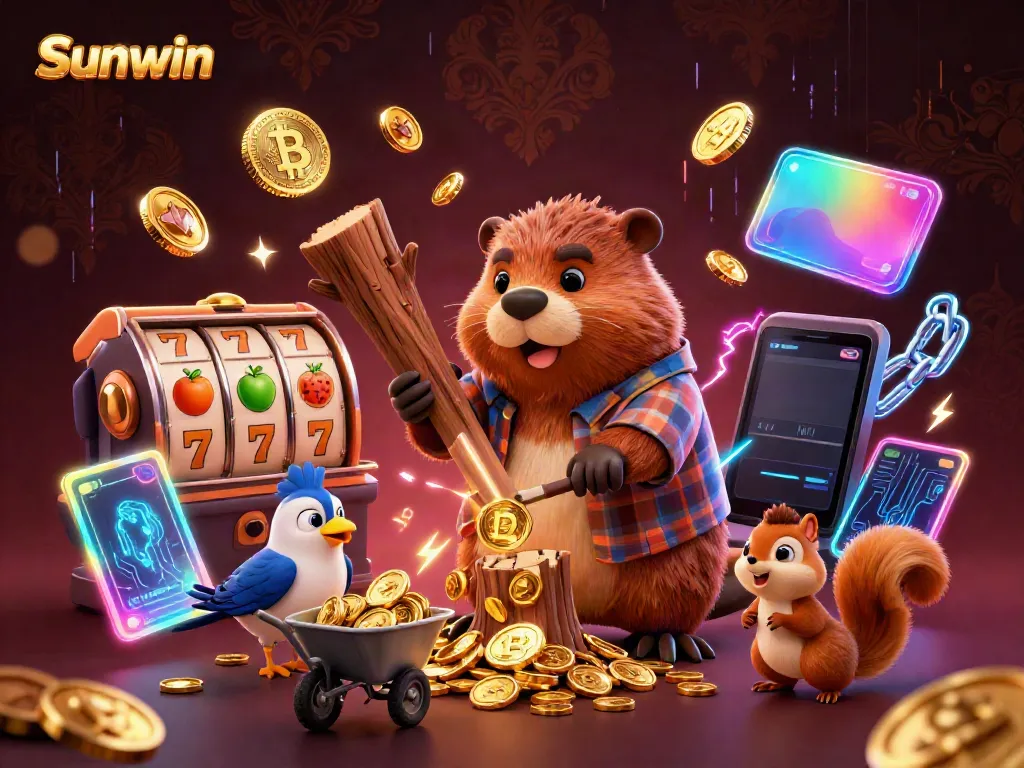 Experience the thrill of Sunwin with a vibrant 3D scene featuring playful characters enjoying casino elements.