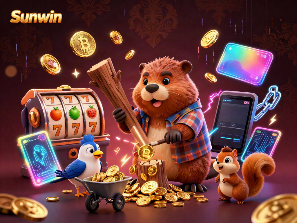 Experience the thrill of Sunwin with a vibrant 3D scene featuring playful characters enjoying casino elements.