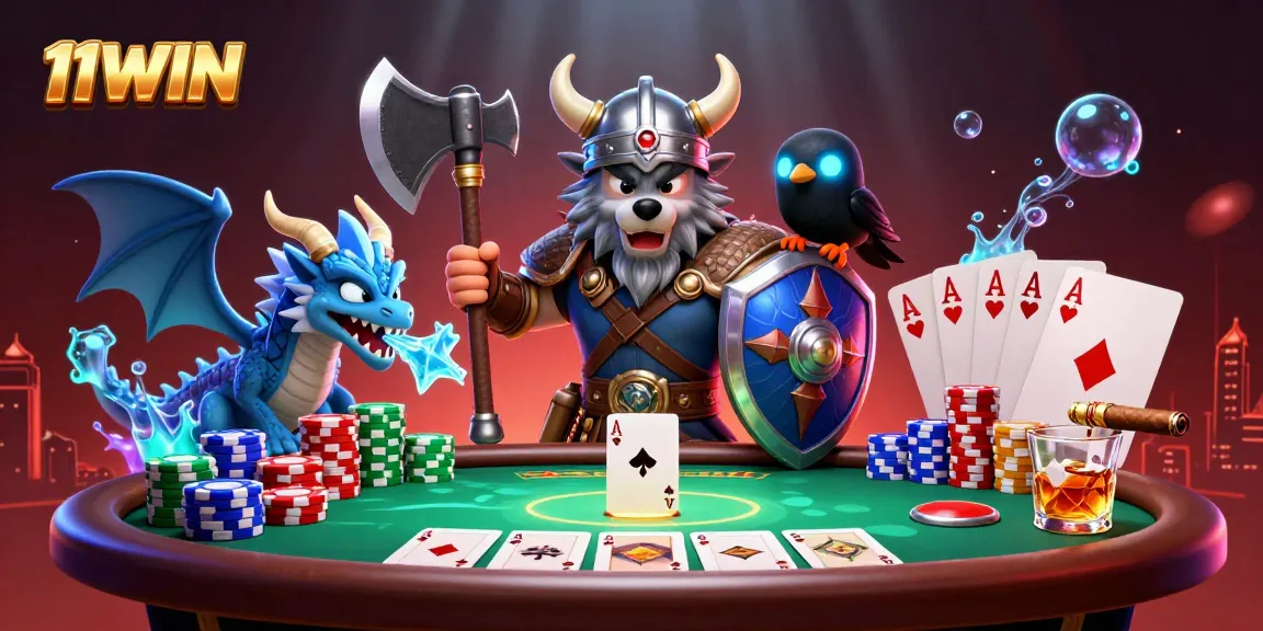 Engage with 11WIN’s vibrant 3D casino scene featuring heroic characters and colorful poker elements.