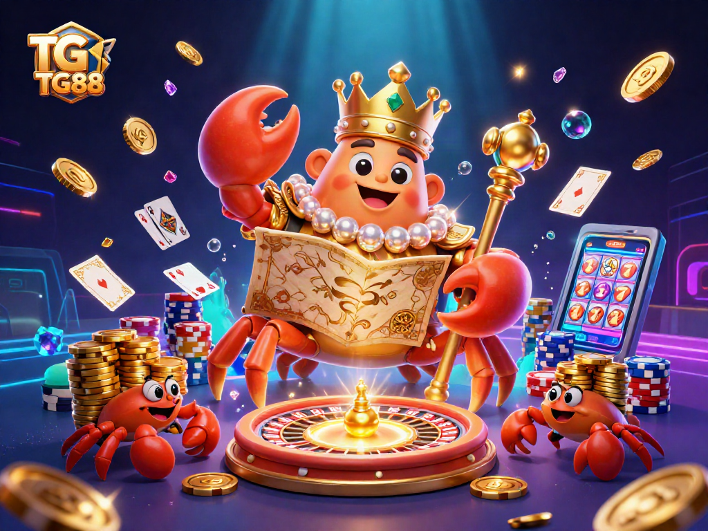 Experience TG88's vibrant casino atmosphere with golden crab emperor, coins, and exciting game elements.