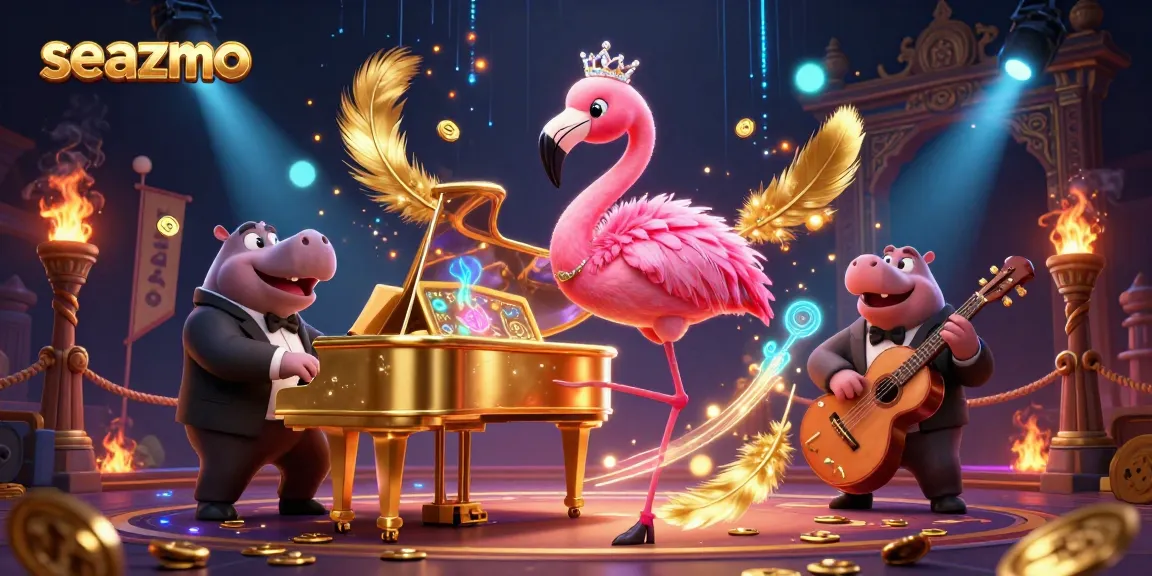 Experience a vibrant casino atmosphere in seazmo, showcasing a lounge singer flamingo and hippo bassist amidst swirling golden feathers.