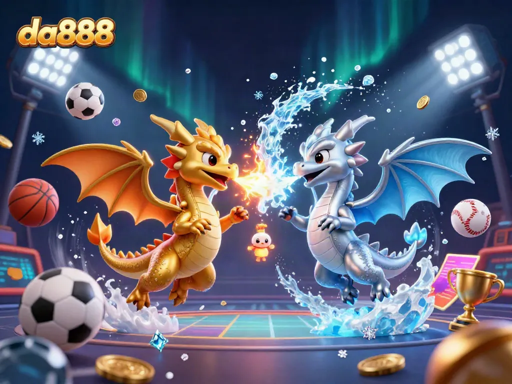 Engage in dynamic gameplay with da888's thrilling gaming experience featuring twin dragons amidst a vibrant casino atmosphere.
