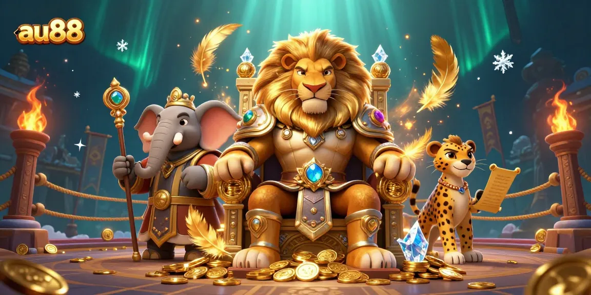 Engage with au88's vibrant casino experience featuring a lion king, elephant advisor, and cheetah messenger.