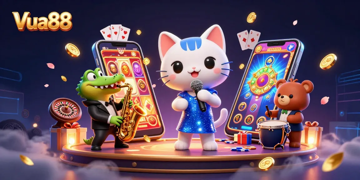 Experience the excitement of Vua88 with cartoon characters in a lively casino scene surrounded by slot games and vibrant decorations.