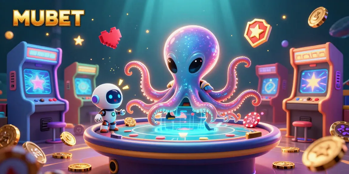 MUBET engages players on a dynamic poker table with an alien octopus and a tiny robot.