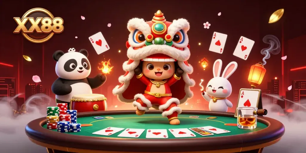 Join the festive XX88 lion dance scene with poker elements in a vibrant casino atmosphere.