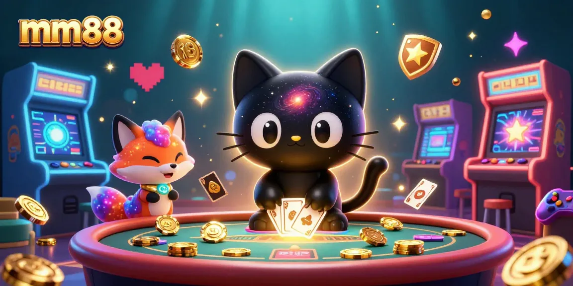 Experience the thrill of mm88 with a cosmic cat and colorful fox in a vibrant casino atmosphere.