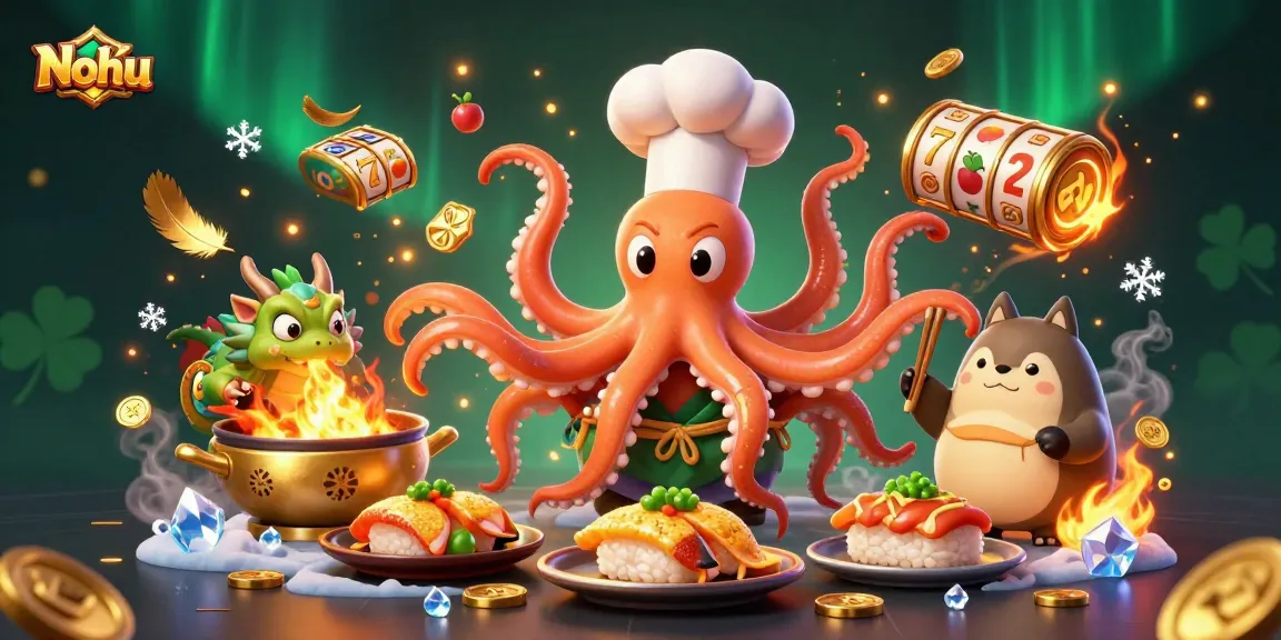 Nohu showcases thrilling slot game action with a dynamic octopus chef and dragon amidst gold coins and jackpots.