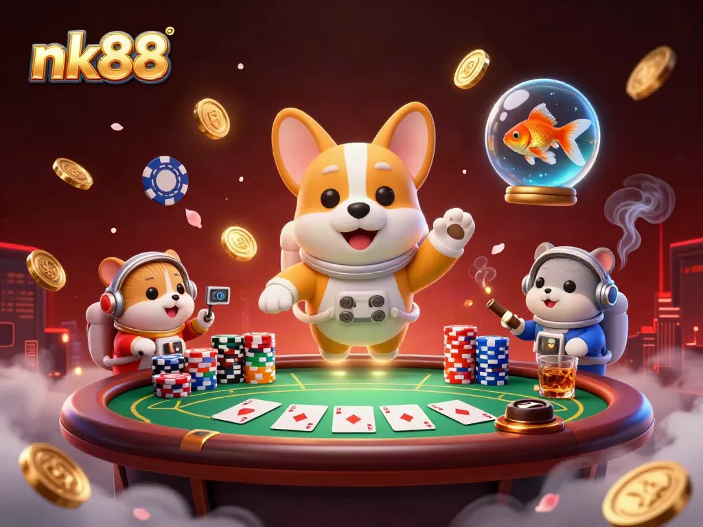 Experience nk88 thrills in a vibrant casino scene with playful characters and dynamic poker action.