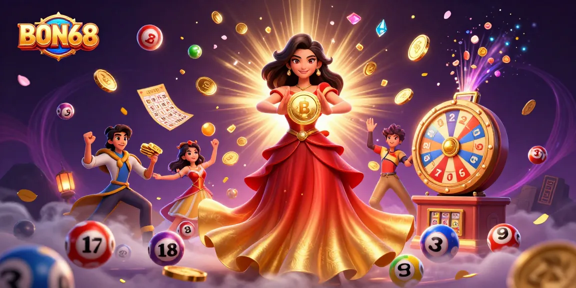 Experience the thrill of BON68 with vibrant casino games and golden rewards showering down.