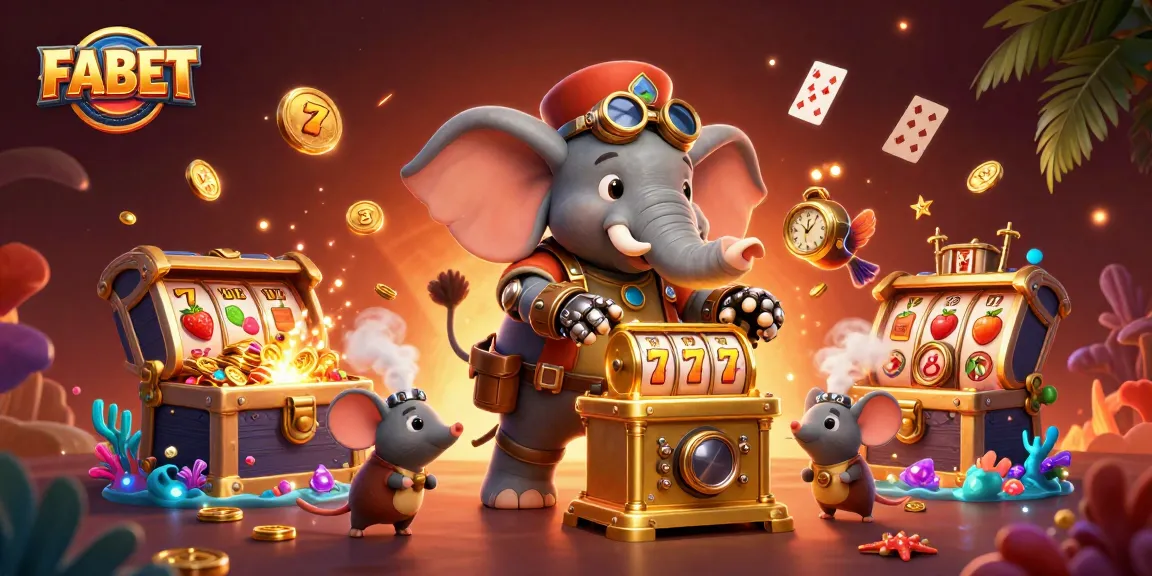 Spin the golden slot machine at FABET, featuring a steampunk elephant and treasures of underwater gems.