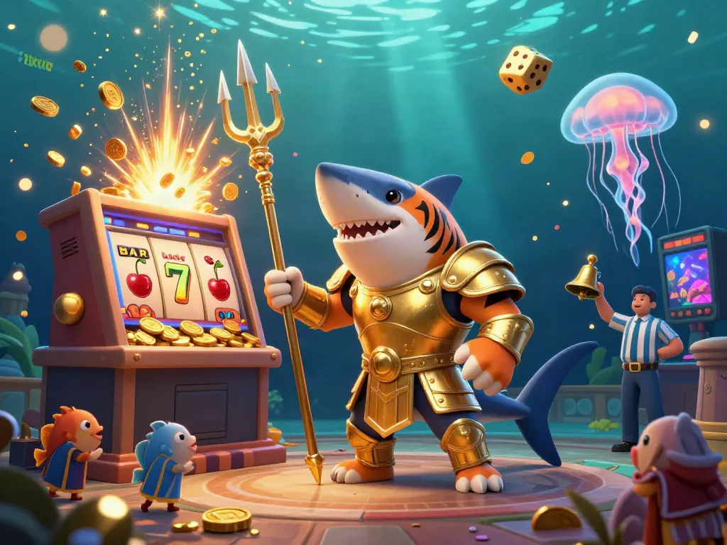 Experience thrilling wins at rikvip with dynamic 3D illustration of an underwater casino scene filled with exciting game elements.