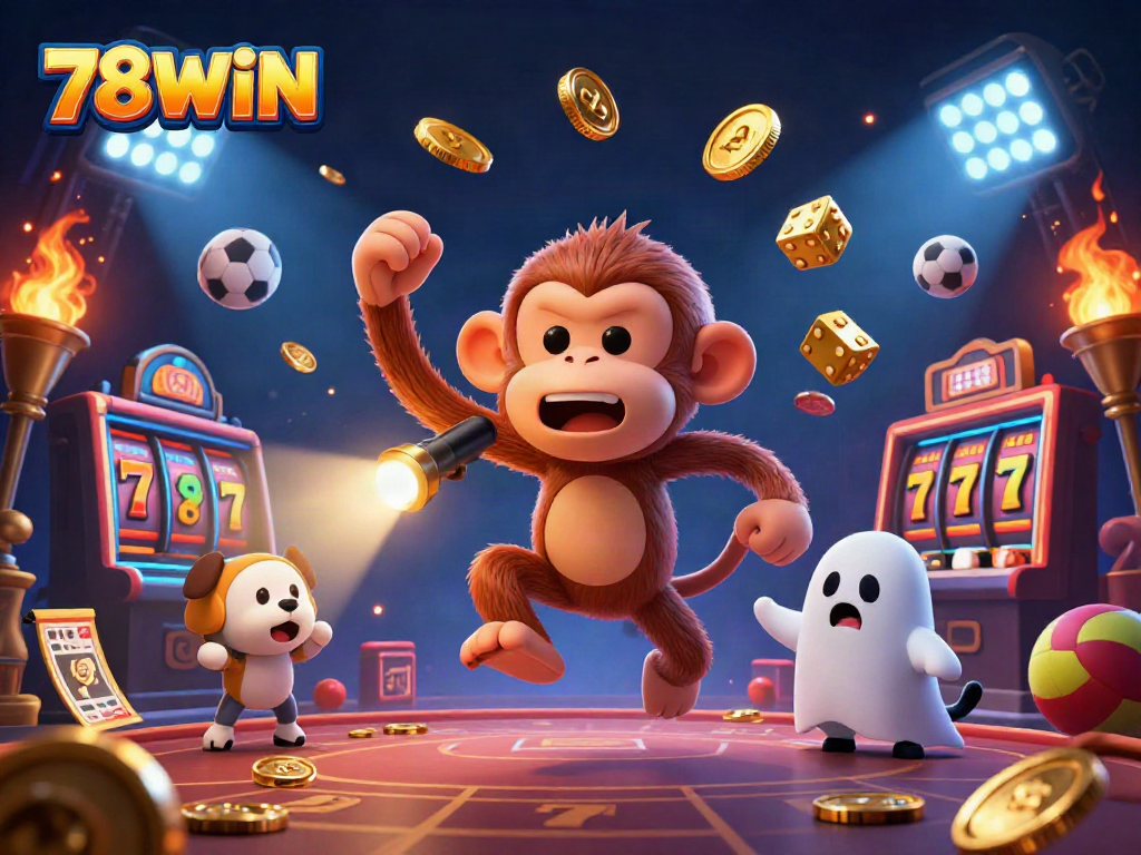 Experience thrilling gameplay with 78WIN's vibrant casino scene featuring a mischievous poltergeist monkey.