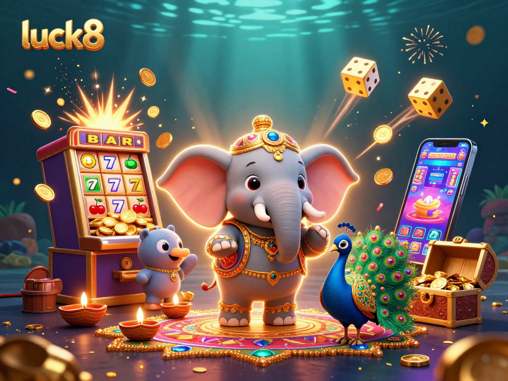 Experience thrills with luck8, featuring a colorful 3D casino scene with elephants, slot machines, and coins.