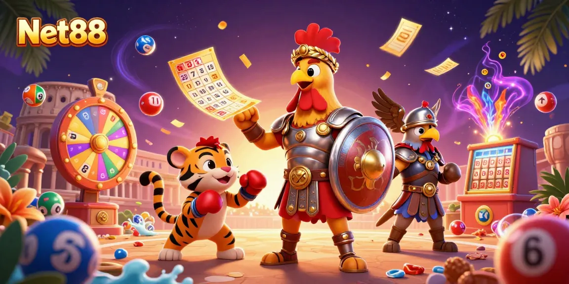 Engage with thrill at Net88's vibrant lottery scene featuring dynamic elements and lively characters.