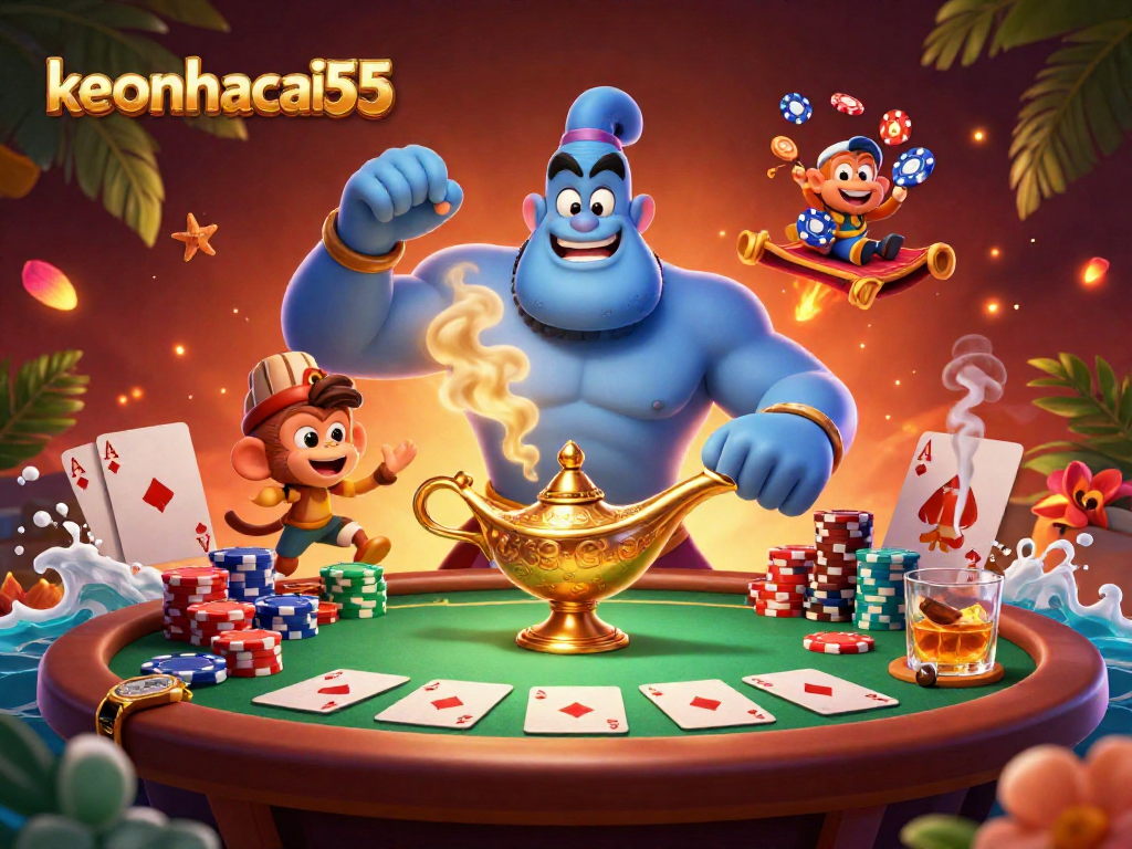 Engage with the vibrant world of keonhacai55 casino featuring a dynamic scene with poker elements.