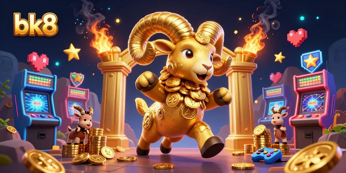 Engage with bk8 as the golden ram charges through a vibrant casino scene filled with arcade elements and glowing coins.