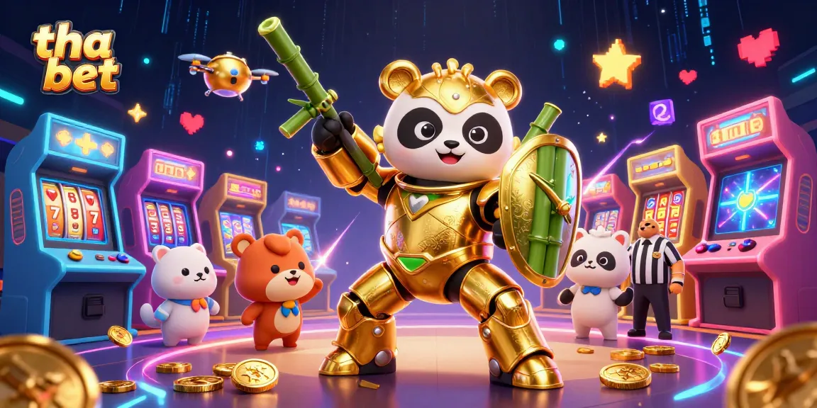 Engaging scene showing tha bet with a golden panda in a mech suit at a vibrant arcade casino