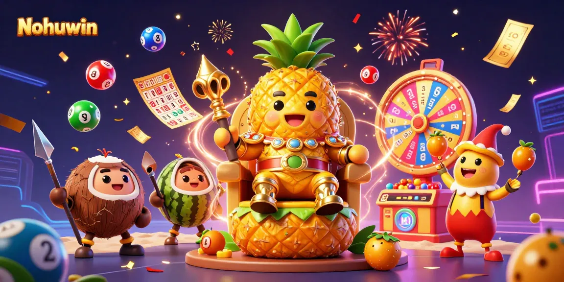 Nohuwin’s vibrant casino scene features a golden pineapple king, coconut guards, and dynamic gaming elements.