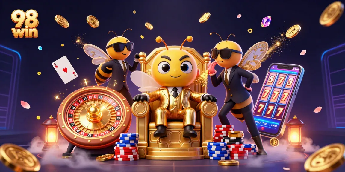 Engage with thrilling 98 win casino adventures with a vibrant 3D illustration of unique characters and dynamic game elements.
