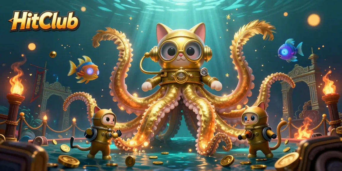 Experience HitClub excitement with a kraken, diving cat, and vibrant underwater casino scene.