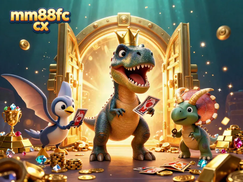 Engage in the world of fun with mm88fc cx sporting friendly dinosaurs playing cards and stacking chips in a vibrant casino.