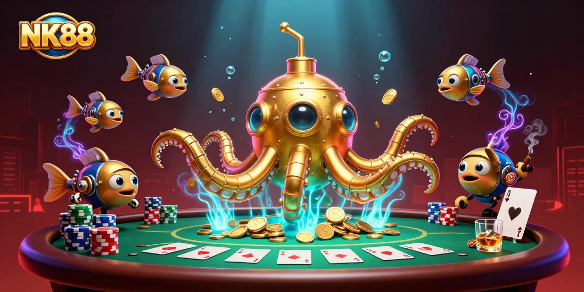 NK88 features a golden kraken submarine amid poker games and treasures, captivating with its underwater scene.