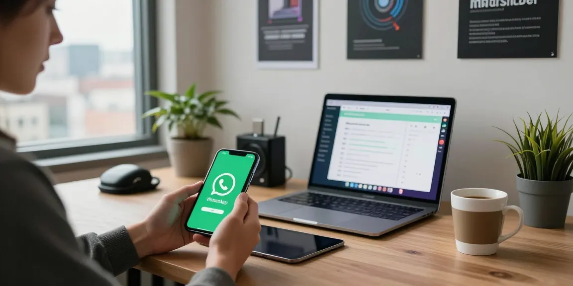 WhatsApp下載 on a smartphone in a modern workspace with tech gadgets.