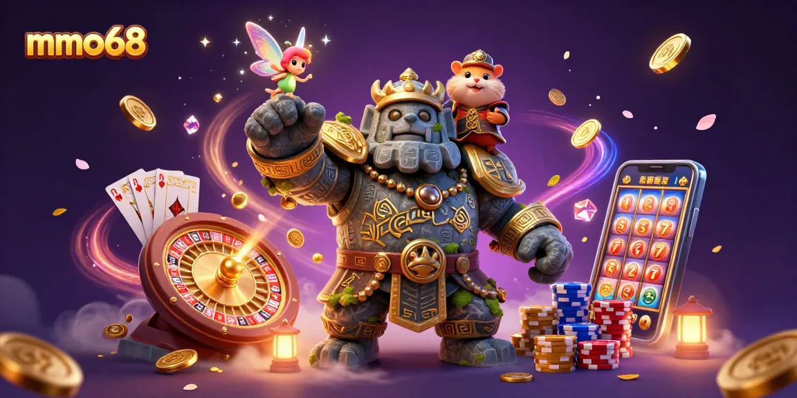 Win big at mmoo68 with vibrant 3D illustration showcasing magical characters and dynamic casino elements.