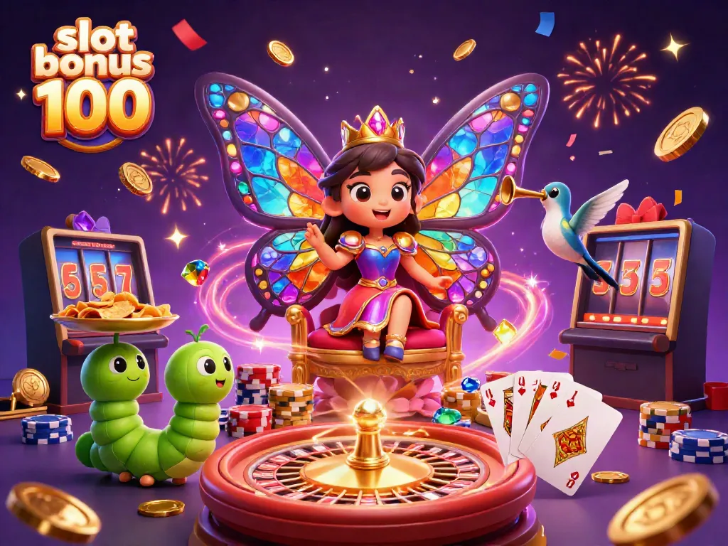 Experience winning with slot bonus 100, depicted in vibrant casino scene featuring butterfly queen and golden chips.