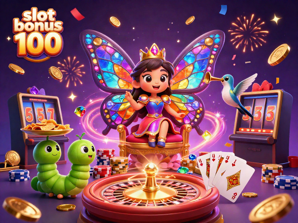 Experience winning with slot bonus 100, depicted in vibrant casino scene featuring butterfly queen and golden chips.