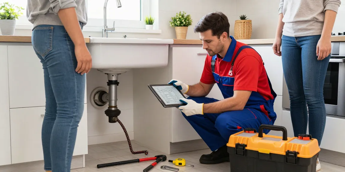 Blocked drain repairs London in a residential kitchen with a drainage engineer assisting a homeowner.