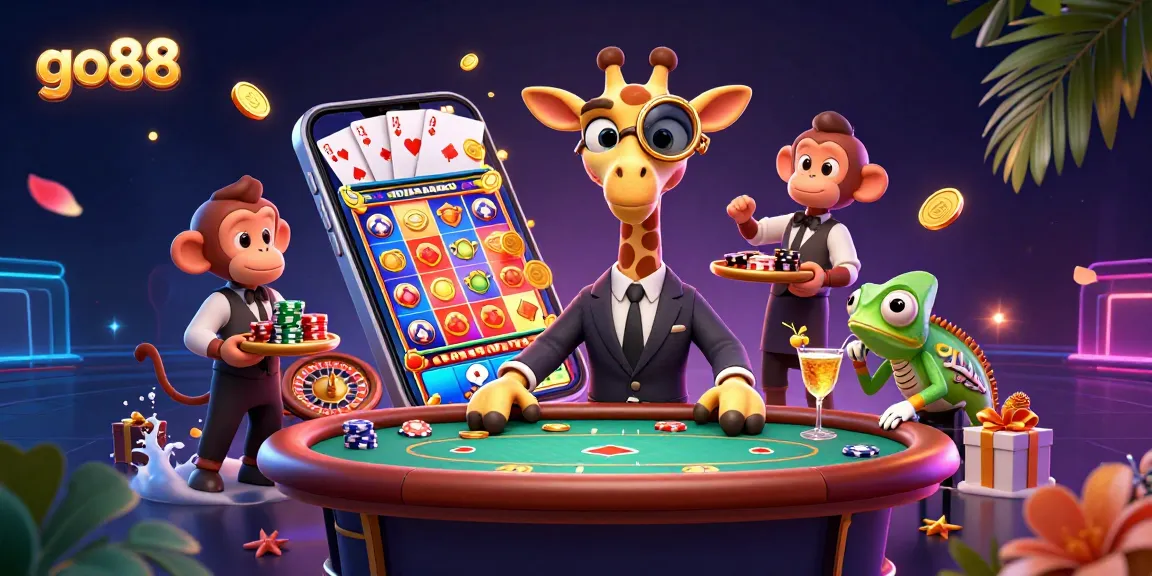 Experience thrilling games at go88 with a high-roller giraffe and casino characters enhancing the excitement.