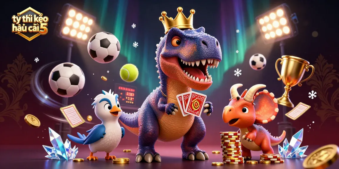Engage with tỷ lệ kèo nhà cái 5 as friendly dinosaurs shuffle cards with golden chips amidst a vibrant casino.