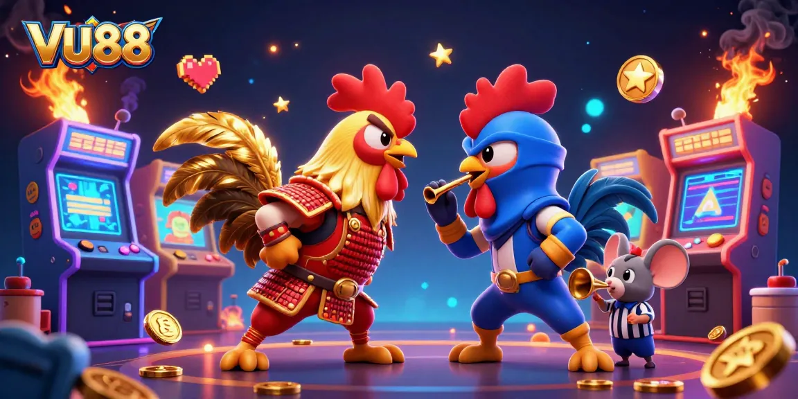 Engage in thrilling battles with VU88's unique cartoon roosters in an exciting gaming atmosphere.