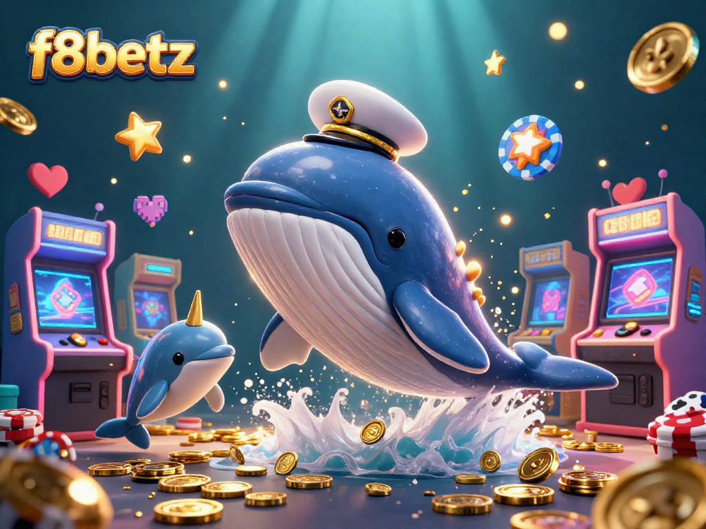 Join the adventure at f8betz with a cartoon whale and friends celebrating jackpot wins in a vibrant casino scene.