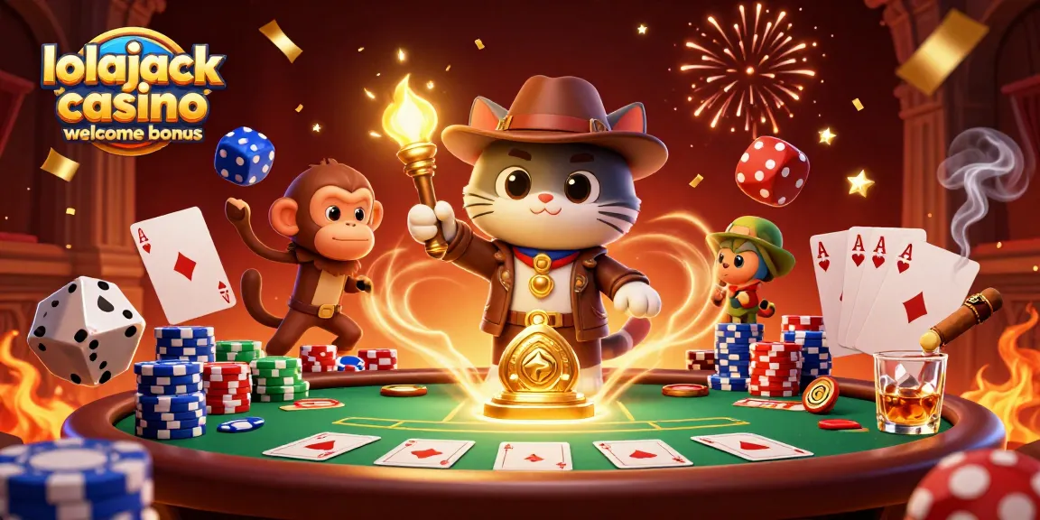 Experience the exciting lolajack casino welcome bonus with a vibrant scene of discovery and winnings.