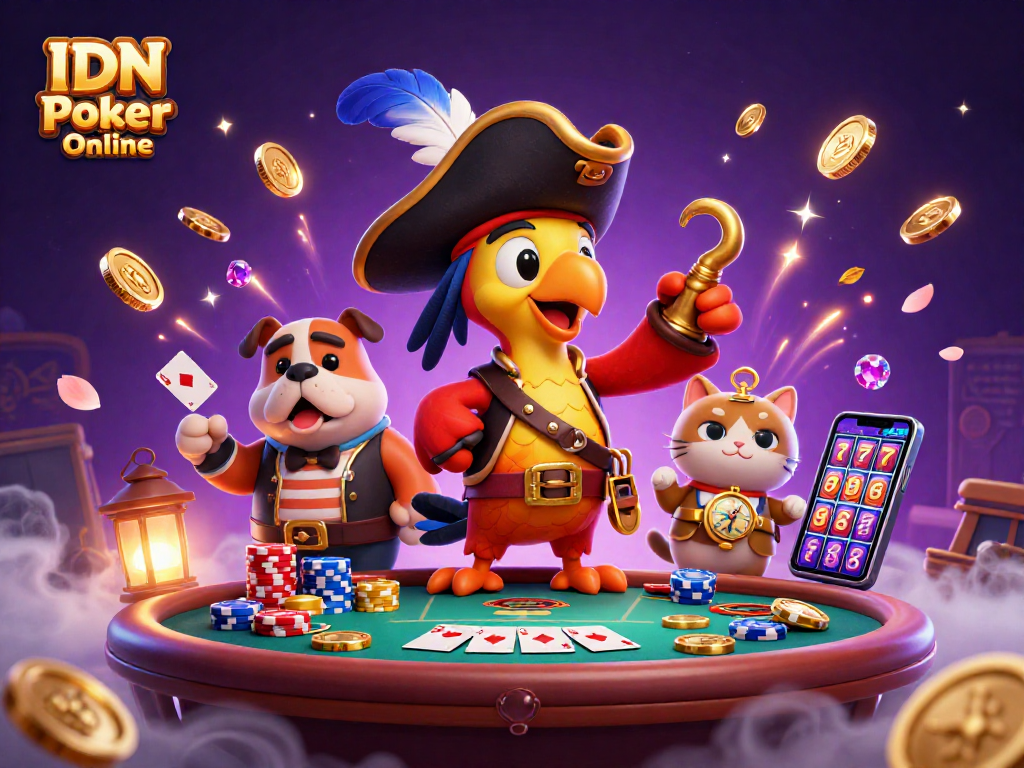 Engage with IDN Poker Online through a vibrant scene of a pirate captain, bulldog, and cat amidst poker chips and coins.